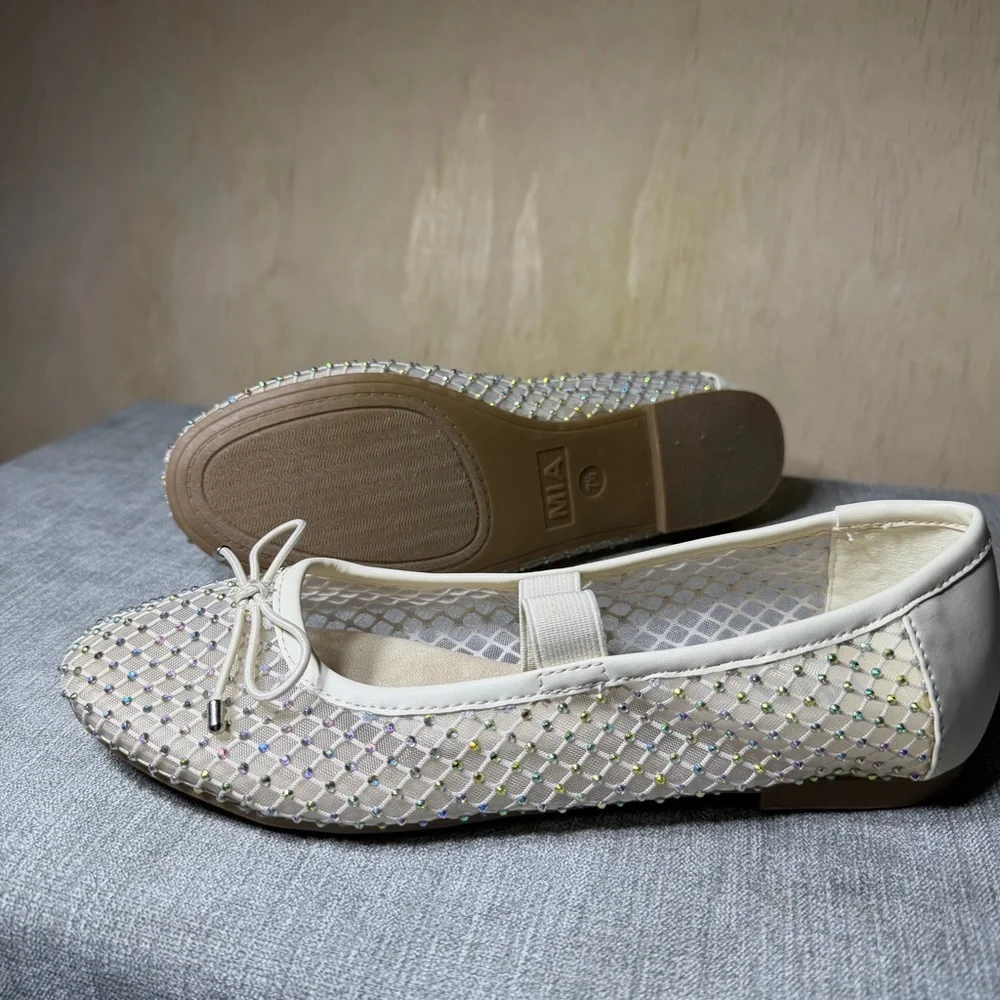 MIA Women’s Mesh Rhinestone Ballet Unica Flats Cream Size 7.5 | Slip-On Shoes‎